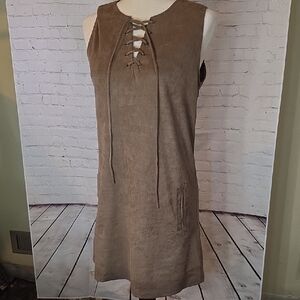 Smell The Roses Brown Faux Suede Lace Up Mini Shift Dress Size M